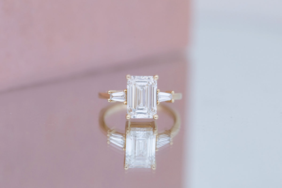 Marlowe Ring | Lab Emerald Cut Diamond + Tapered Baguette Lab Diamond Accent Engagement Ring 3.05 ct | 14k Recycled Gold | One of a Kind