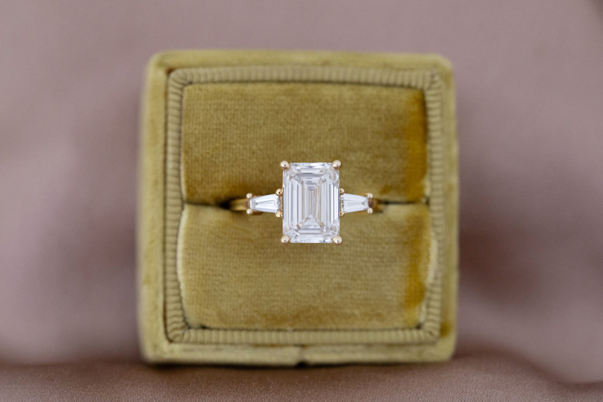 Marlowe Ring | Lab Emerald Cut Diamond + Tapered Baguette Lab Diamond Accent Engagement Ring 3.05 ct | 14k Recycled Gold | One of a Kind
