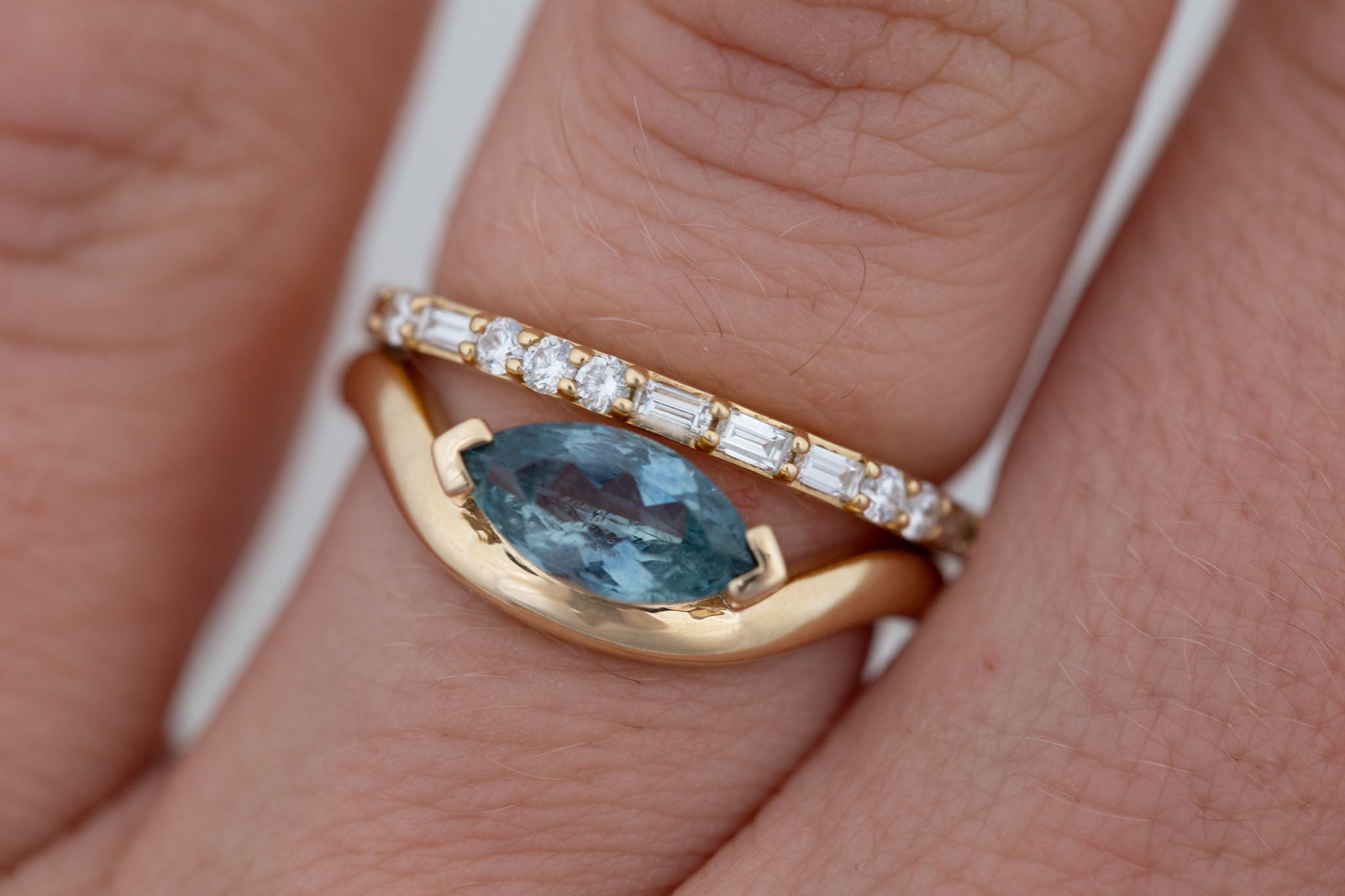 Rhodes Ring | Teal Marquise Montana Sapphire Solitaire + Curved Band Engagement Ring 1.24 ct | 14k Recycled Gold | One of a Kind