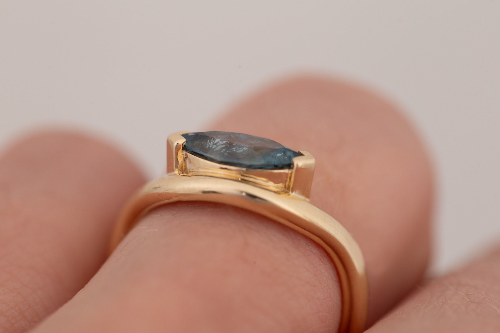 Rhodes Ring | Teal Marquise Montana Sapphire Solitaire + Curved Band Engagement Ring 1.24 ct | 14k Recycled Gold | One of a Kind