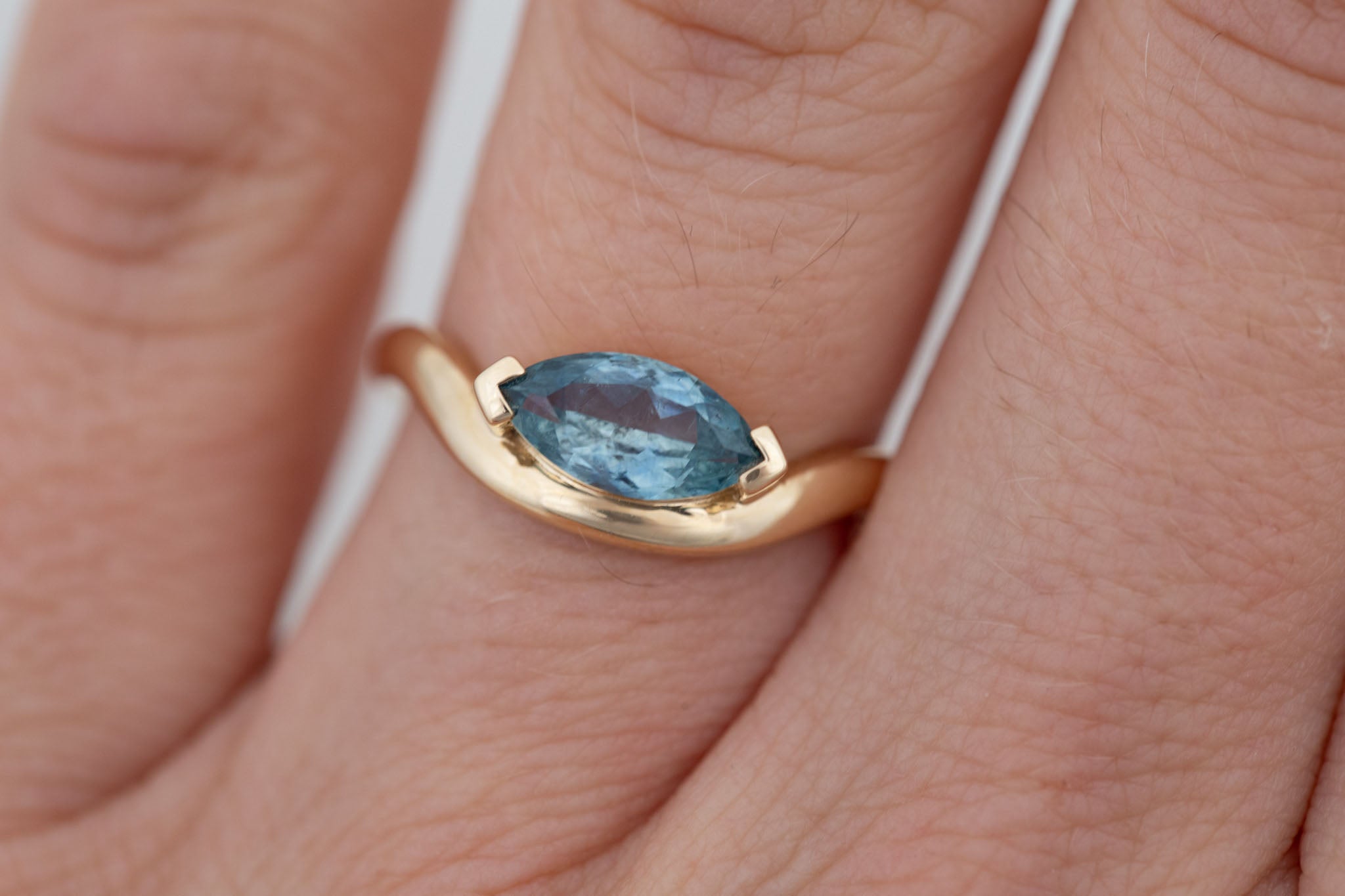 Rhodes Ring | Teal Marquise Montana Sapphire Solitaire + Curved Band Engagement Ring 1.24 ct | 14k Recycled Gold | One of a Kind