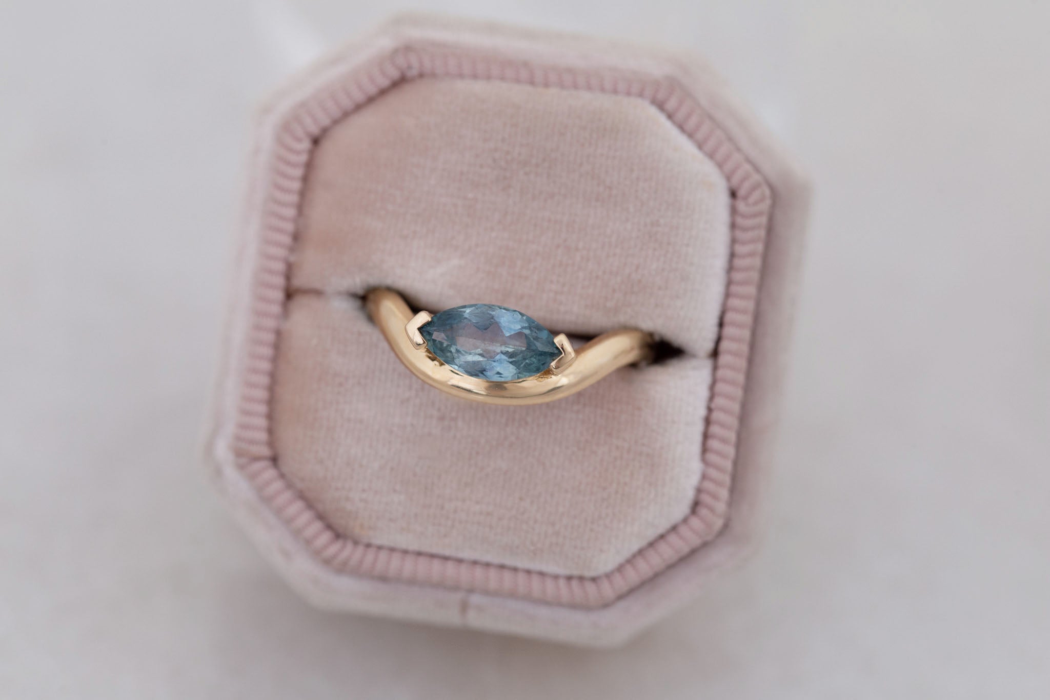 Rhodes Ring | Teal Marquise Montana Sapphire Solitaire + Curved Band Engagement Ring 1.24 ct | 14k Recycled Gold | One of a Kind