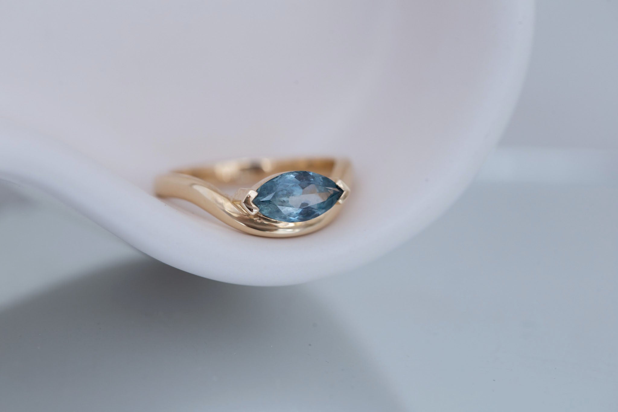 Rhodes Ring | Teal Marquise Montana Sapphire Solitaire + Curved Band Engagement Ring 1.24 ct | 14k Recycled Gold | One of a Kind