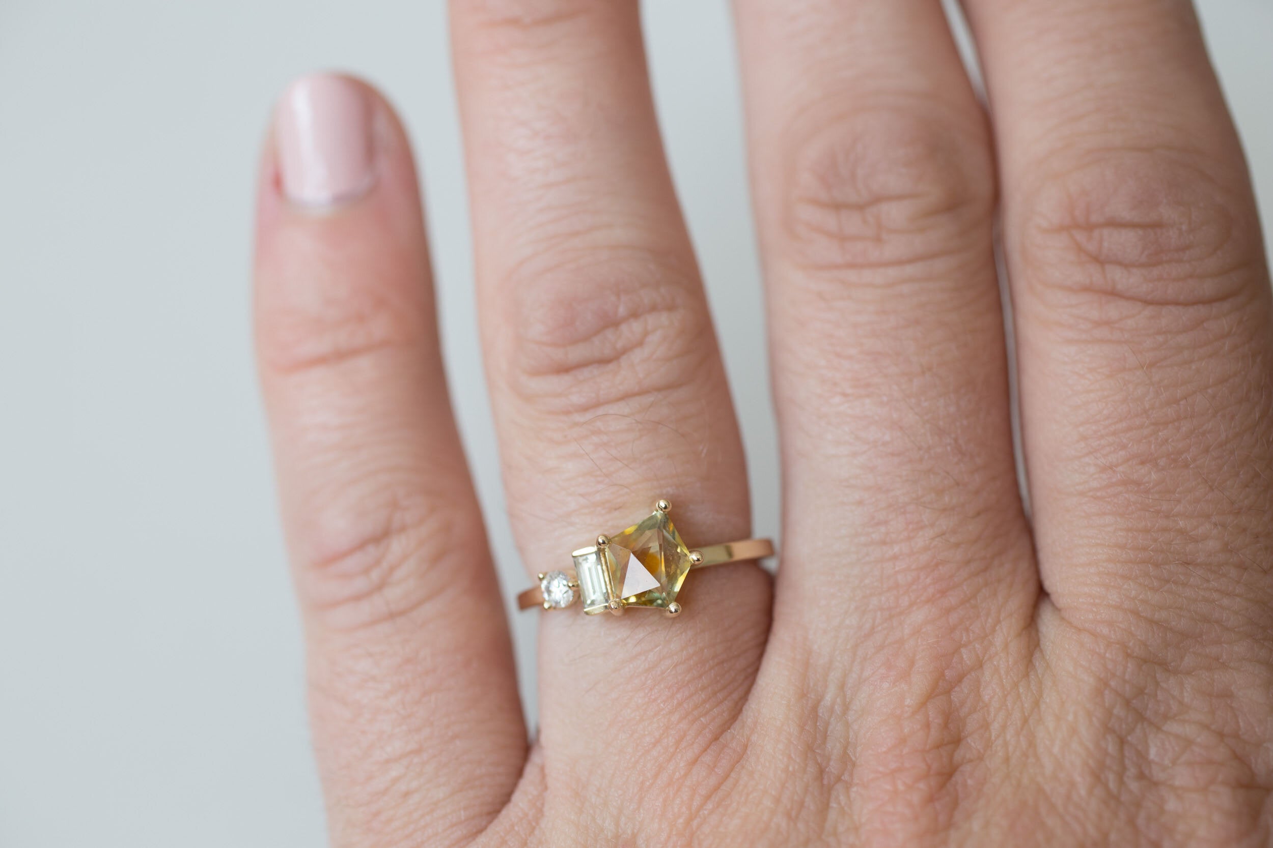 Sireli Ring | Ochre Geocut Sapphire + Diamond Cluster Engagement Ring | 14k Recycled Gold | One of a Kind