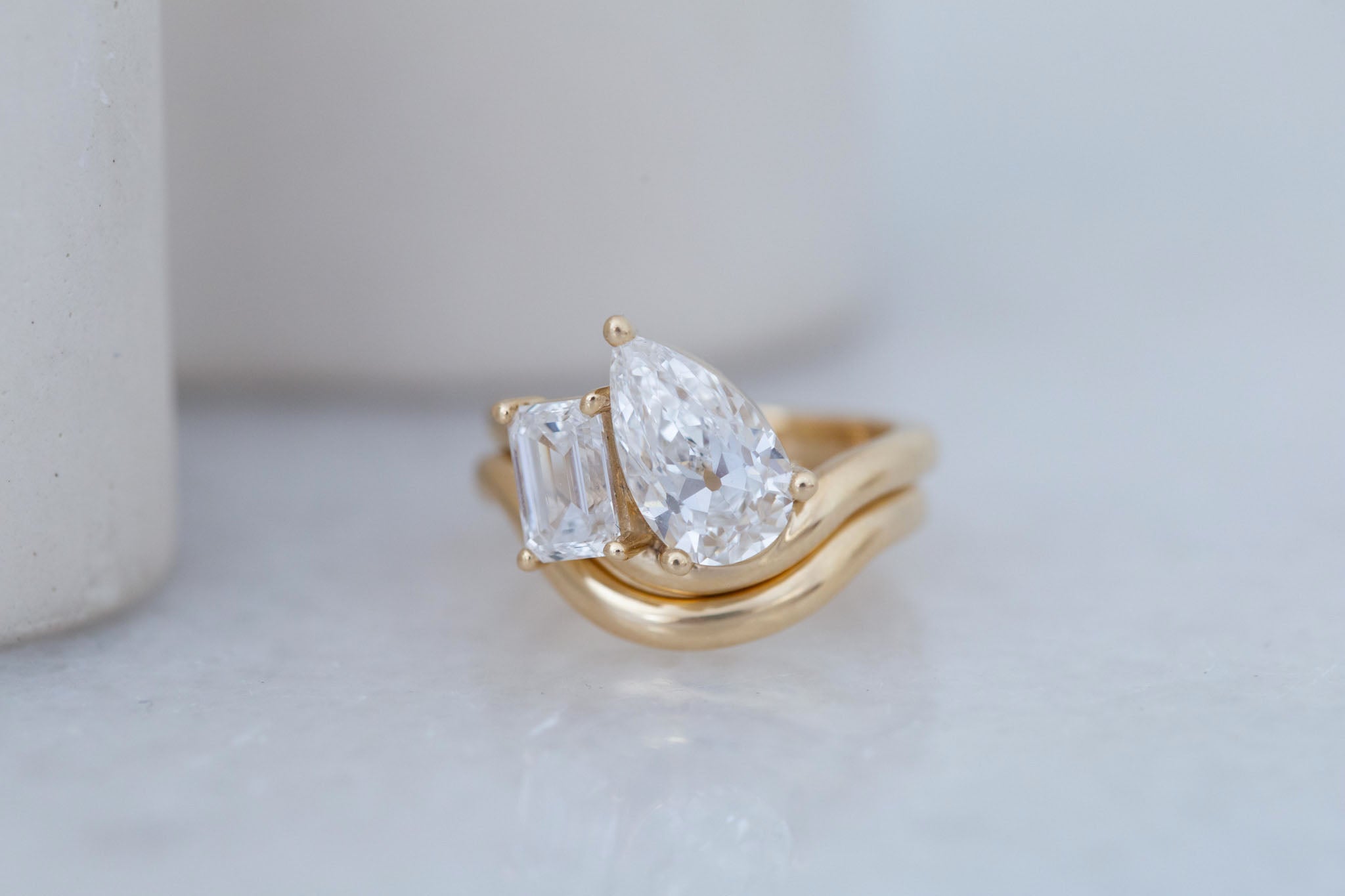 Townes Ring | Lab Pear Cut + Emerald Cut Diamond Curved Band Engagement Ring + Wedding Band Set 1.67 ct | 14k Recycled Gold | One of a Kind