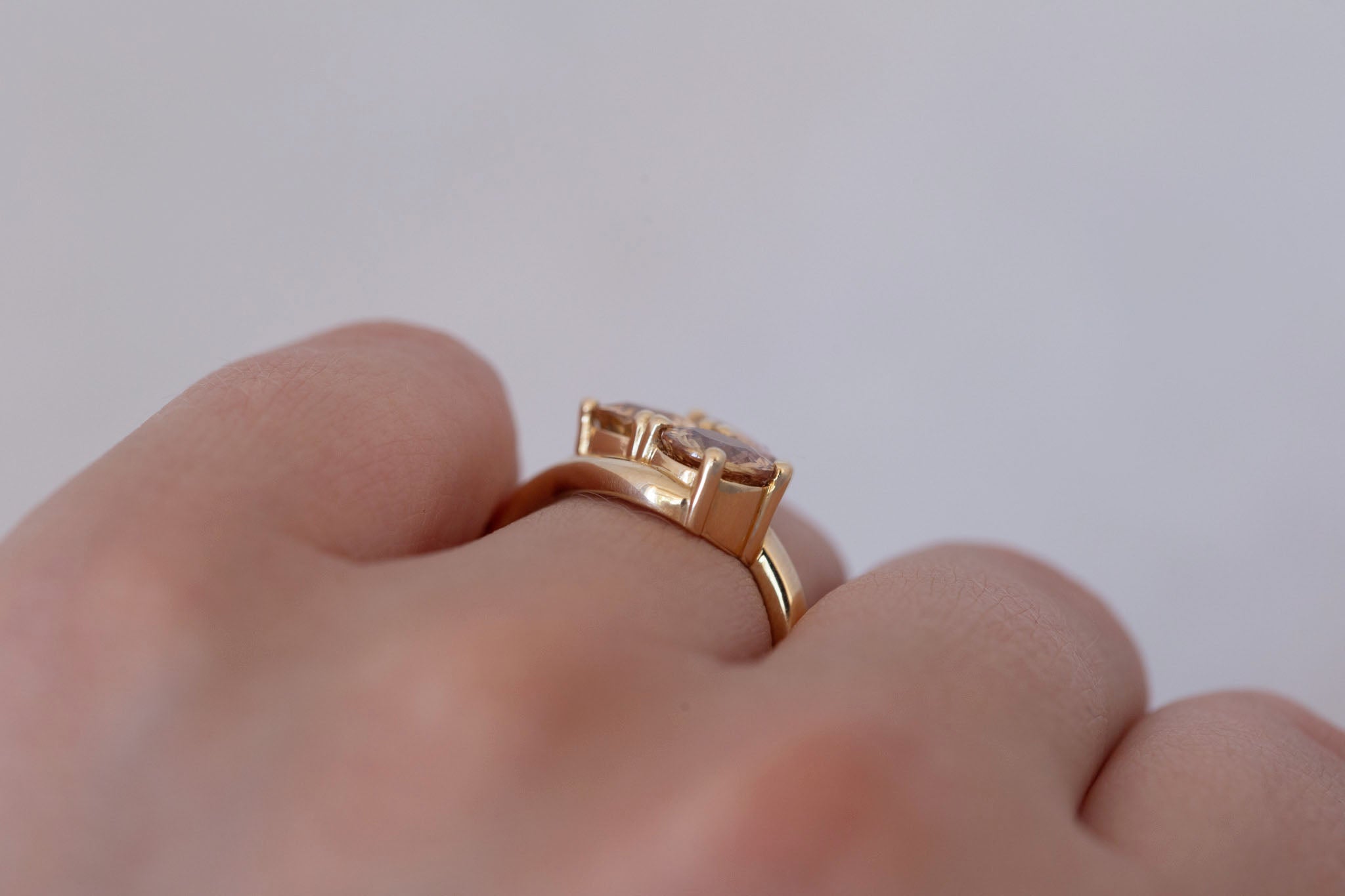 Valeria Ring | Apricot + Blush Sapphire Curved Band Engagement Ring | 14k Recycled Gold | One of a Kind
