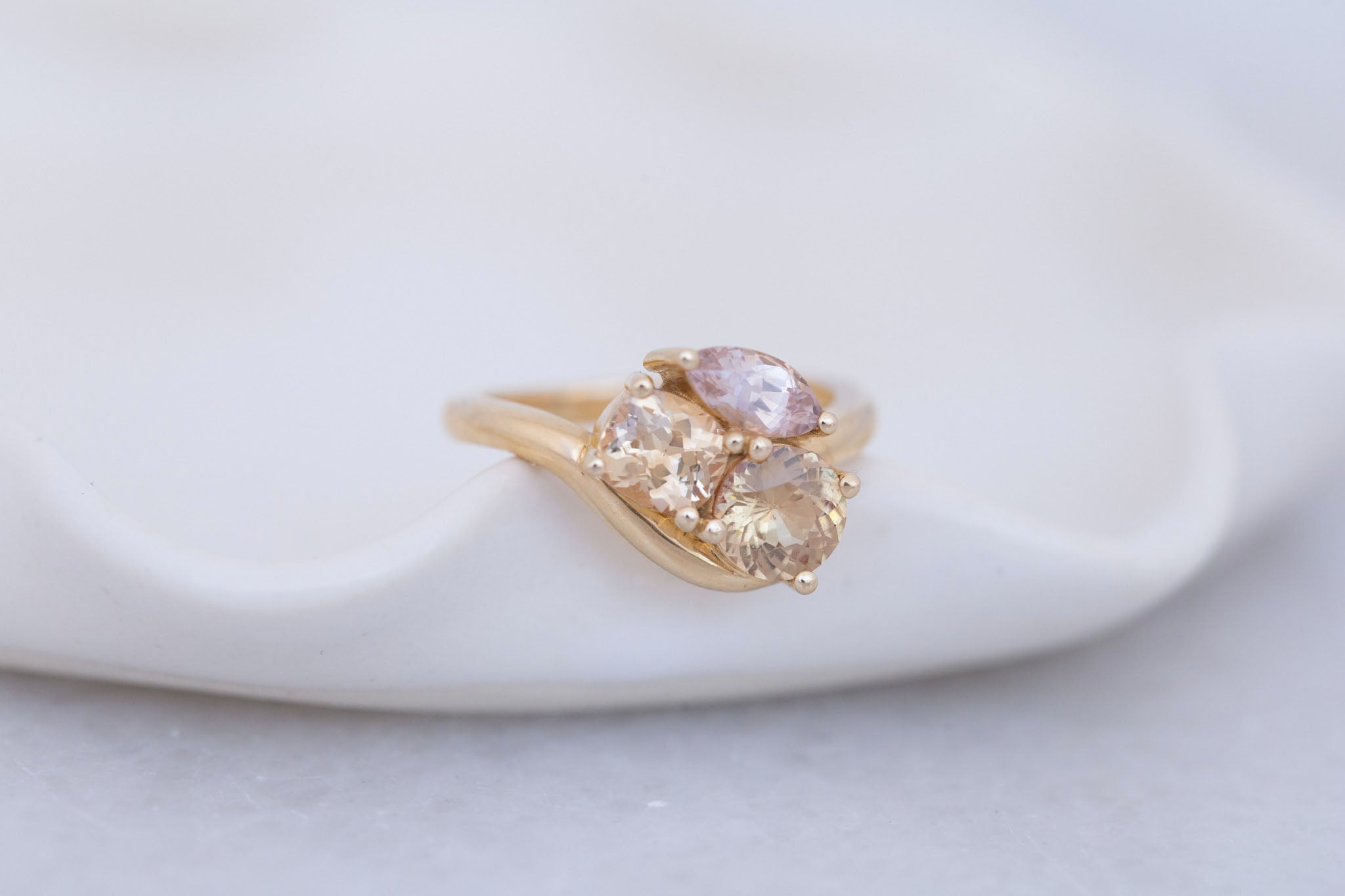 Valeria Ring | Apricot + Blush Sapphire Curved Band Engagement Ring | 14k Recycled Gold | One of a Kind