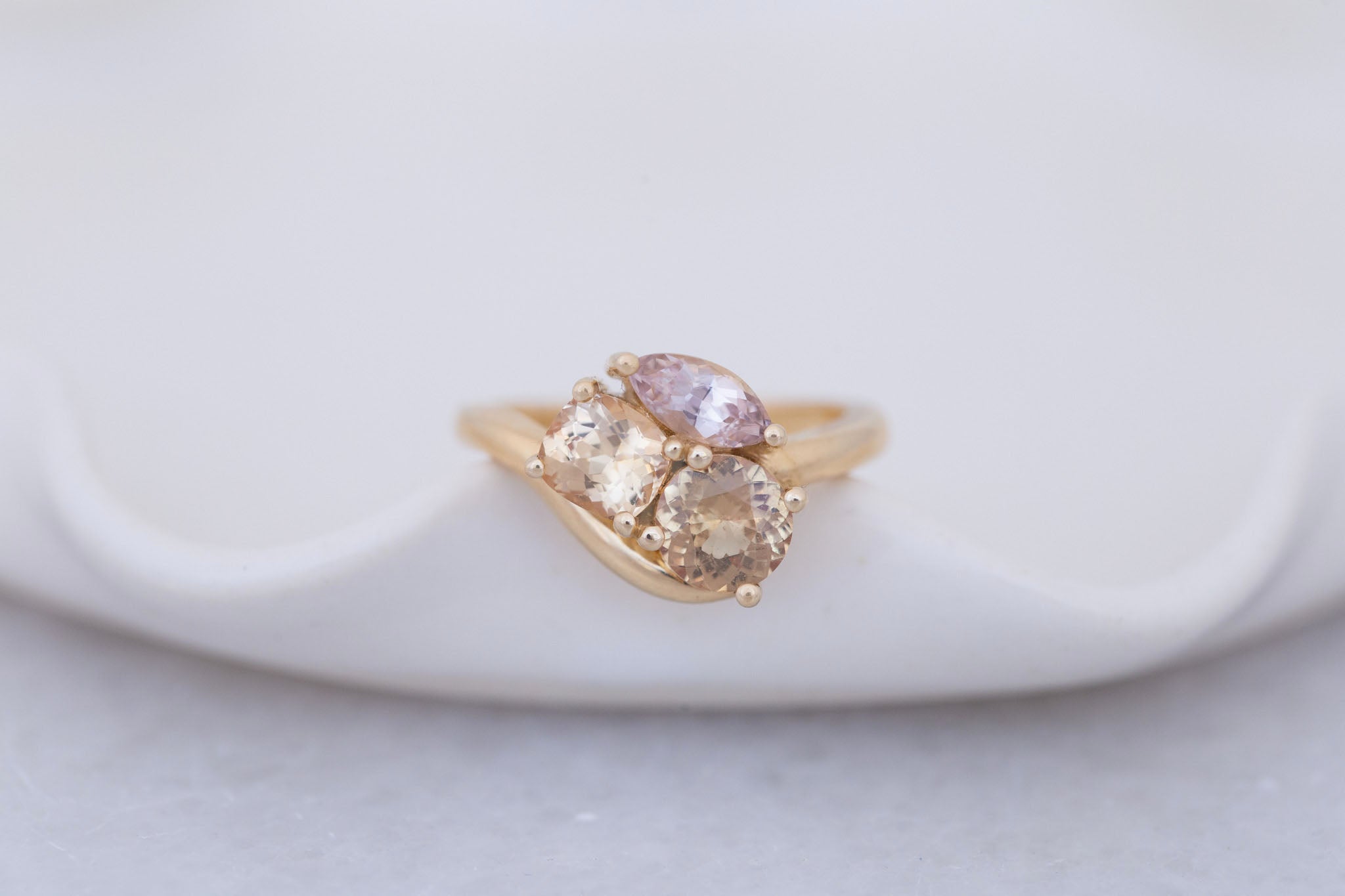 Valeria Ring | Apricot + Blush Sapphire Curved Band Engagement Ring | 14k Recycled Gold | One of a Kind